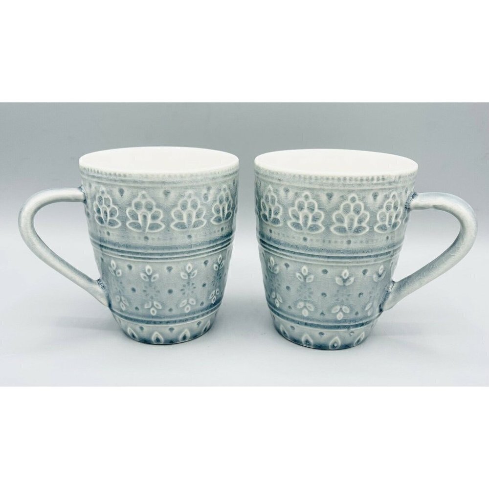 Pair Euro Ceramica Fez Dove Grey Mugs 11158040 Boho Blue Crackle Coffee Tea Cup